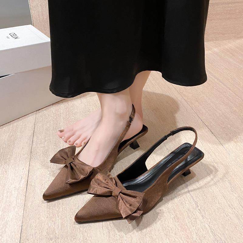 气质缎面蝴蝶结尖头后空凉鞋女2025春新款缎面尖头细跟猫跟单鞋女,淘宝优惠券,粉丝福利购,淘宝优惠卷