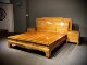 Golden nanmu double bed high and low bed small leaf Zhennan frame bed carved with water waves classical new Chinese style solid wood
