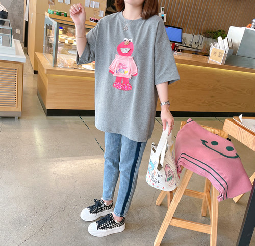 兔美善韩国代购女装 春季新品 搞怪粉红色小怪兽可爱减龄T恤 - 图2