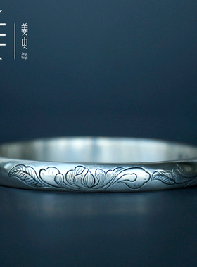 姜央手工纯银绿度母心咒弧面手镯