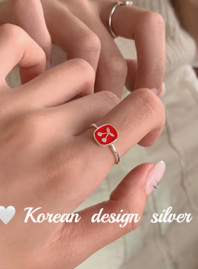 韩国东大门ins风小众设计 S925纯银红色滴胶方形樱桃戒指可爱清新