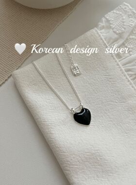 韩系甜酷简约设计饰品 S925纯银黑色滴釉爱心项链优雅百搭高级感