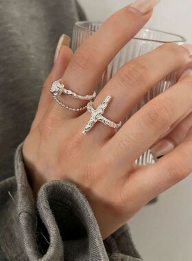 S925纯银个性百搭肌理陨石指环高级感十字架链条开口戒指欧美气质