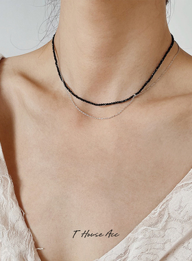 锁骨链黑尖晶石女不对称设计双层