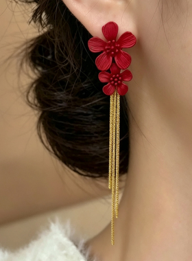 美美子红色花朵流苏流苏耳环