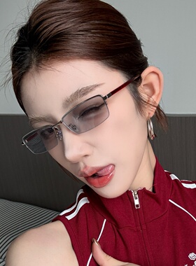 复古金属半框窄方透灰防UVB墨镜