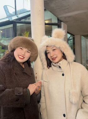 美丽客栈女冬季羊绒披肩一体帽
