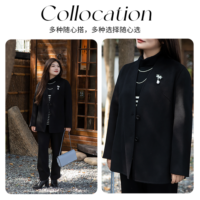 美丽客栈黑话律师大码女装冬款毛呢外套短款羊毛羊绒双面呢大衣女 - 图1