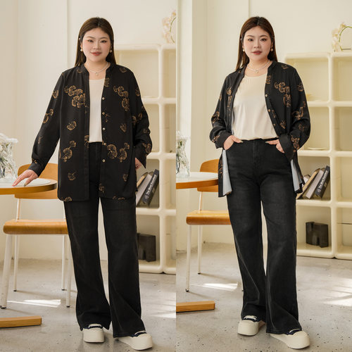 美丽客栈原创高端大码女装胖mm200斤加肥加大V领宽松休闲衬衫春秋 - 图0