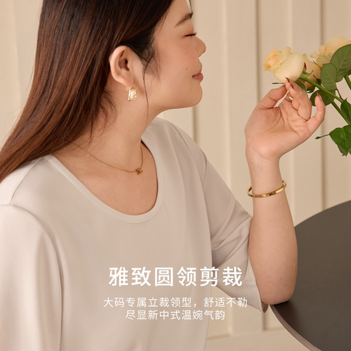 美丽客栈高端大码醋酸缎面圆领T恤女宽松百搭显瘦气质上衣高级感 - 图1