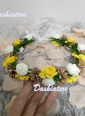 奶白金黄色花朵手工发饰儿童花环头饰森系婚礼伴娘生日演出配饰女