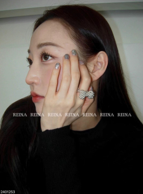 韩国REINA东大门时尚甜酷风编织银色珠子立体蝴蝶结戒指指环