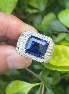 18k白金豪华蓝宝石男戒彩色宝石男士戒指pt950铂金霸气活扣钻戒潮