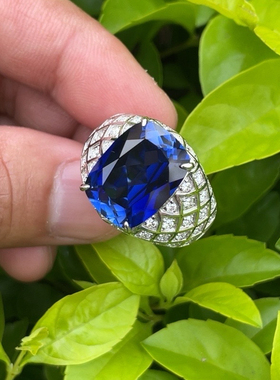 18k白金豪华蓝宝石男戒彩色宝石男士戒指pt950铂金霸气活扣钻戒潮