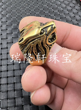 文玩戒指黄铜色豹子头戒指合金