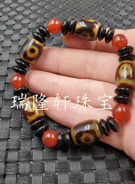 黑玛瑙三眼天珠仿古路路通手链