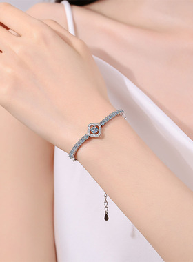 D色1.9克拉莫桑石四叶草手镯S925纯银镀铂金排钻手链手饰女友礼物