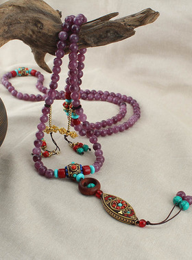 圆珠长款多用途斜振项链中式国风