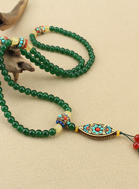 国风藏式唐卡吊坠项链女绿色圆珠长款毛衣链挂件百搭民族风配饰品