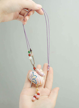 新中式仿宋锦双面福袋流苏项链女