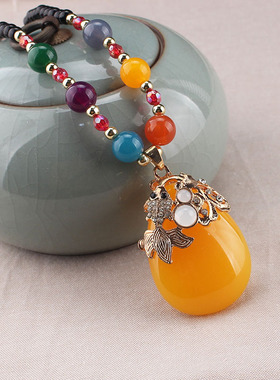 民族风百搭长款高档项链衣服蜜蜡