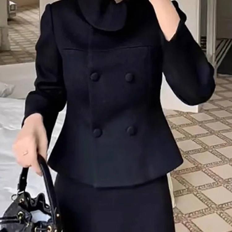 2025秋冬新款韩系高级感气质短款双排扣黑色毛呢外套+半身裙套装,淘宝优惠券,粉丝福利购,淘宝优惠卷