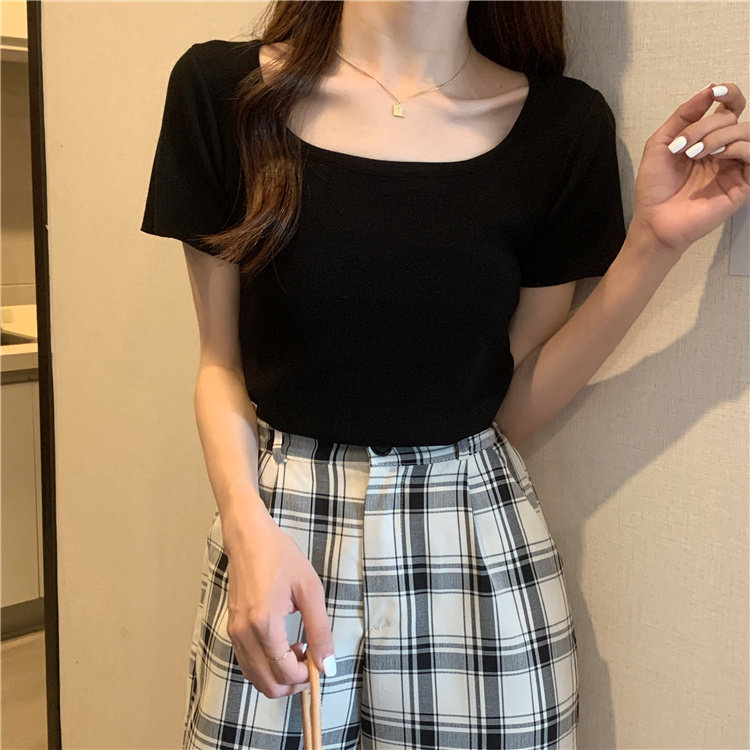 批 发夏季大码女装胖mm学生短袖百搭T恤修身显瘦方领纯色针织衫潮,淘宝优惠券,粉丝福利购,淘宝优惠卷