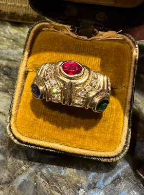 轻奢红绿蓝宝通体925银指环银鎏金戒指宫廷复古德国设计师礼物