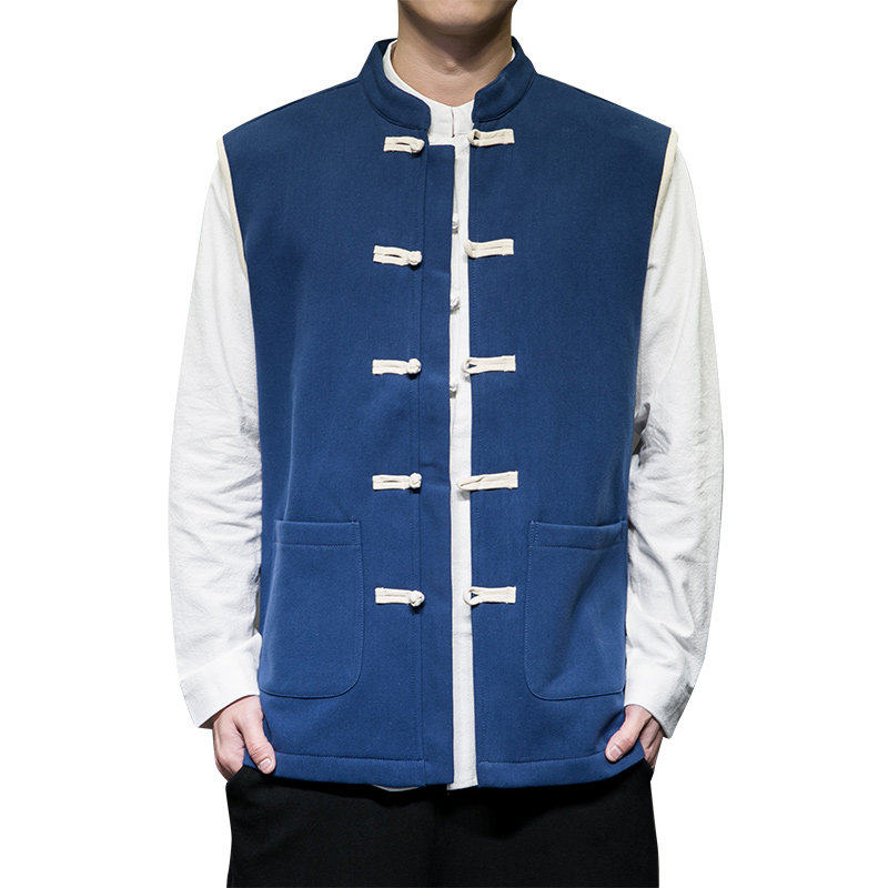 中国风秋冬棉麻休闲新款加绒加厚马甲男中式复古唐装背心-蓝,淘宝优惠券,粉丝福利购,淘宝优惠卷