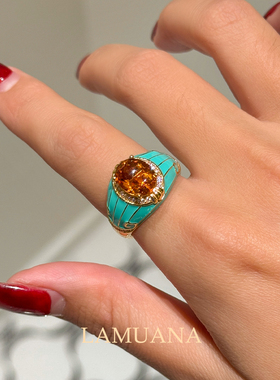 LAMUANA【轻奢彩宝】孔雀羽毛系列天然黄水晶珐琅彩戒指S925银