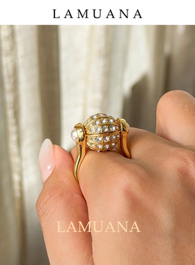 LAMUANA金色热气球戒指食指戒旋转小金球满钻设计感气场配饰78713