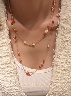 LAMUANA【轻奢彩宝】南红玛瑙珐琅彩四叶草项链S925轻奢项链95284