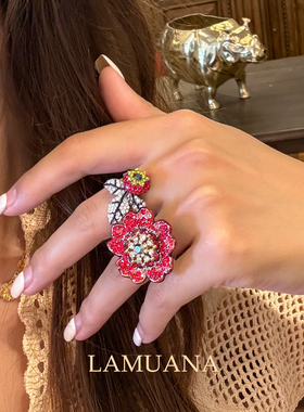 LAMUANA VINTAGE风复古双环红花戒指重工法式复古感夸张花朵21648