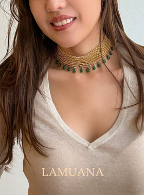 LAMUANA翡翠绿编织流苏项链小众复古vintage风格短款choker90203