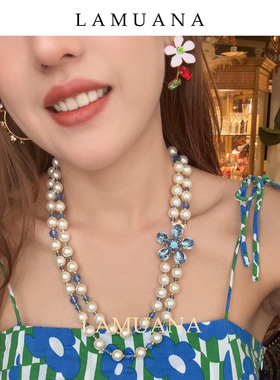 LAMUANA蓝花双层珍珠项链小众设计感法式复古甜美颈链毛衣链88408