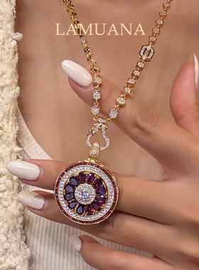 LAMUANA【轻奢彩宝】紫气东来紫石榴旋转罗盘双面金工红珐琅项链
