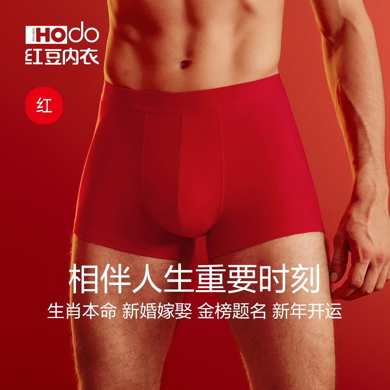 红豆男士大红色内裤本命年纯棉裆2025蛇结婚礼物平角短裤头1条装