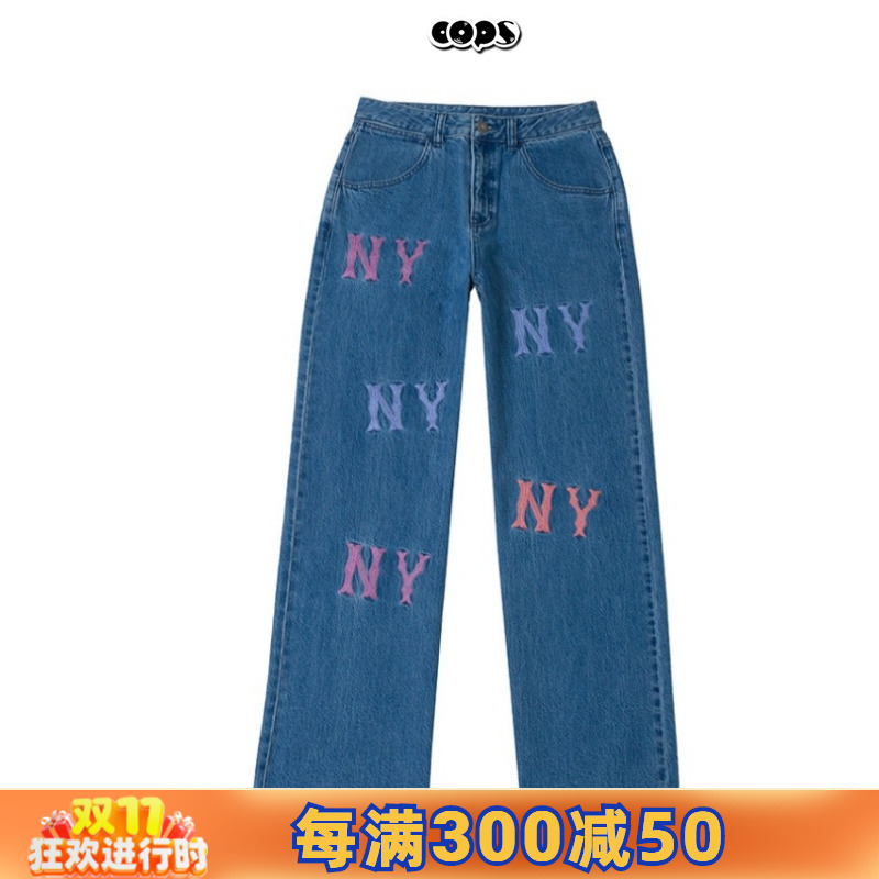 MLB女24新款NY彩色字母大标休闲直筒阔腿牛仔长裤3FDPG0144/DPG01 - 图1