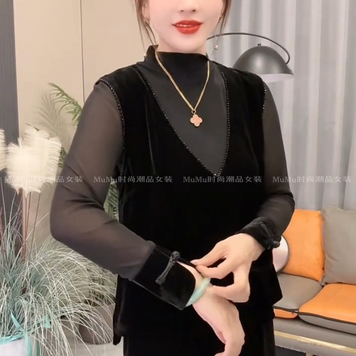 春秋款重工串珠黑色丝绒马夹外套女V领套头马甲坎肩背心宽松遮肉 - 图1