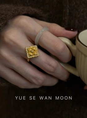 中古神韵拉丝金四叶草菱形方块戒指女新款开口食指戒指不掉色指环