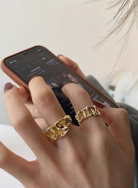 复古不规则金属褶皱开口戒指女时尚个性ins冷淡风小众设计感指环