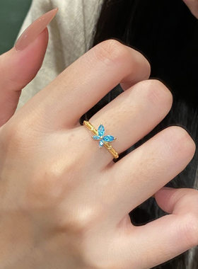 轻奢闪耀蓝色蝴蝶开口可调女戒