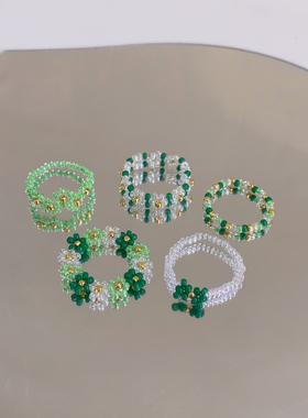 HUYA手作黛绿串珠戒指花朵手工米珠编织小众设计少女心可爱戒指