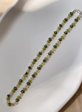 HUYA手作蜜瓜豆绿串珠项链手工编织花朵可爱少女心复古小众项链