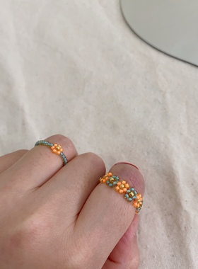 HUYA手作橘子海盐串珠戒指橘色花朵原创设计可爱少女心戒指