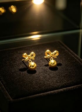 5G新款黄金色重工拉蝴蝶结耳钉新中式圆球耳钉高质量保色送爱人