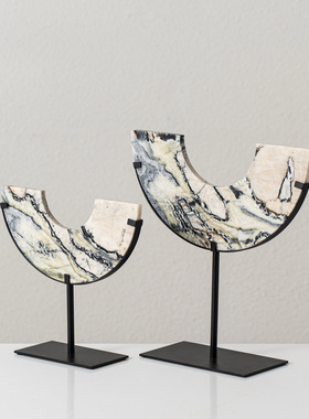 新中式大理石半月半玉璧摆件高档茶楼酒店客厅玄关别墅装饰