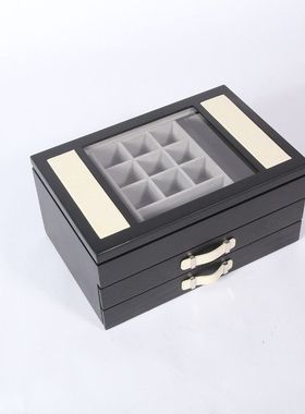 高级珠宝黑漆器首饰盒家用多层抽屉防氧化木质耳环耳饰首饰收纳盒