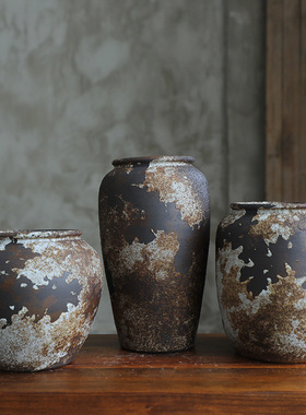 复古侘寂风会所室内花瓶民宿摆件酒店家居陶瓷花瓶禅意粗陶陶罐