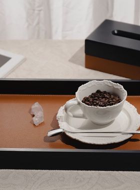 家居极简风实木皮革香薰托盘摆件客厅茶几收纳摆盘